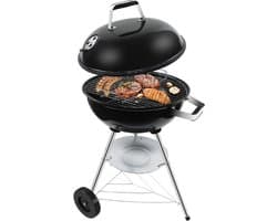 Kogelbarbecue, houtskoolgrill met porselein geëmailleerd deksel en ketel, ronde kolengrill met driepoot-landen en wielen, zwart, 51 x 46,5 x 78 cm