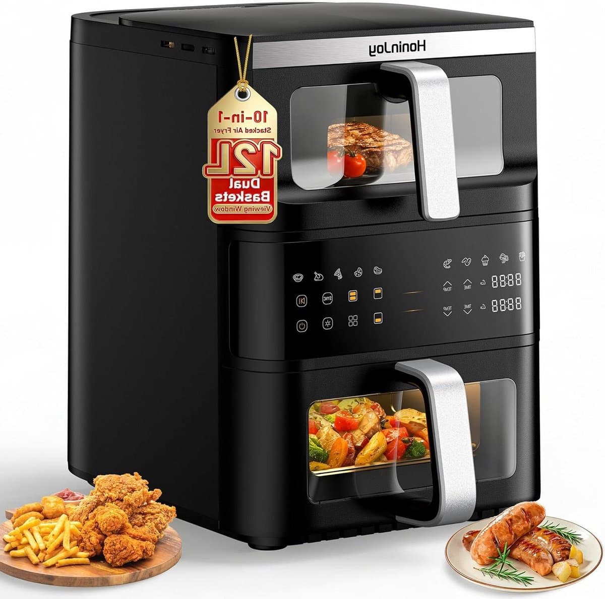 Airfryer Dubbele Mand - Heteluchtfriteuse Duo - Gezonde Maaltijden - Verticaal Compact Design - 4+8 Liter - Zwart — afbeelding 1