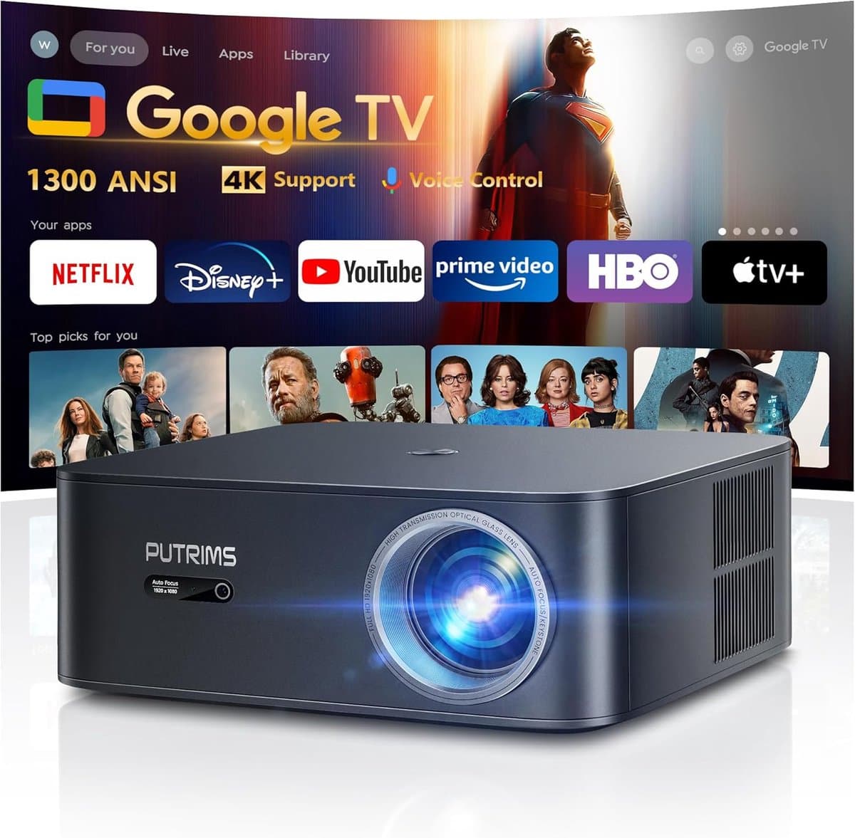 MELVRA Beamer - 4K Beamer - Smart Google TV - 1200 ANSI Lumen - Netflix - Autofocus & Keystone - WiFi6 & Bluetooth - 300 inch - Outdoor & Daglicht - LED - Plafondmontage - Zwart — afbeelding 1