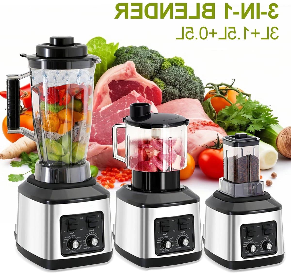 Premium - Blender Voedselprocessor 3 Liter - 950W - Inclusief Vleesmolen - Sapcentrifuge - Multifunctionele Keukenmachine - Rood Zwart - Geschikt voor Thuisgebruik — afbeelding 1
