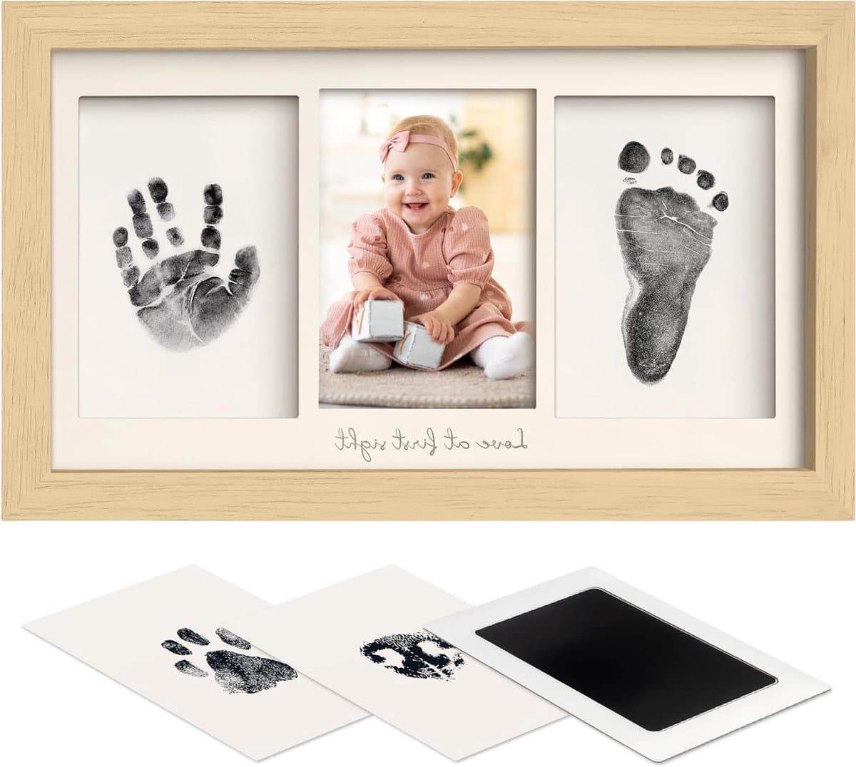 Cosensi - Baby handafdruk en voetafdrukset voor pasgeborenen - Fotolijst voor handafdruk baby - Clean Touch stempelkussen - Ash Wood Fabre - Unieke herinnering aan baby's hand- en voetafdrukken — afbeelding 1