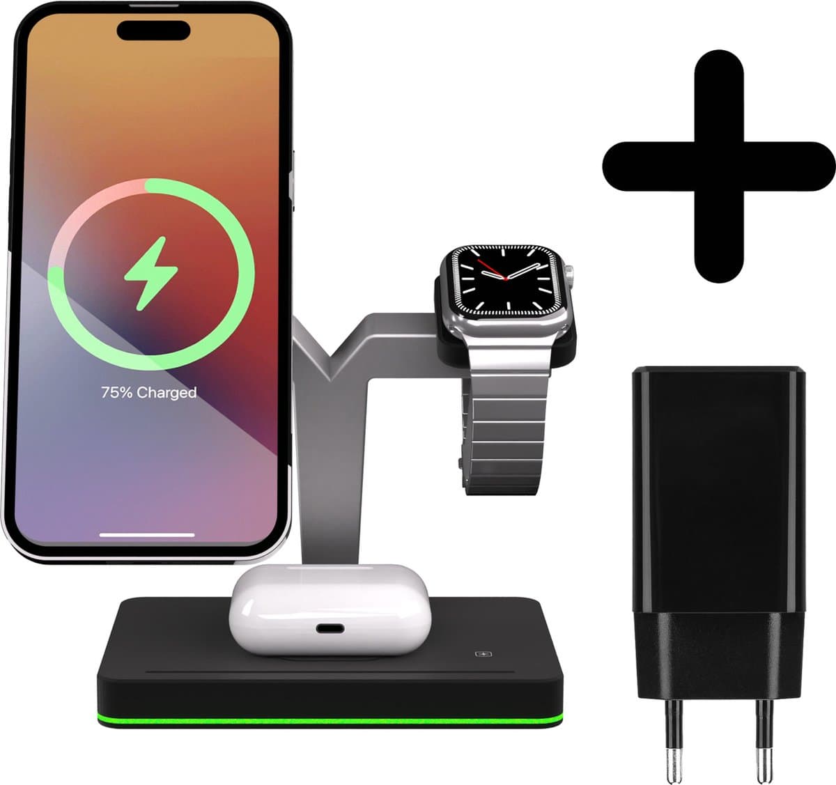 3 in 1 Magnetische docking station geschikt voor Apple iPhone / Apple Watch / AirPods - Oplader draadloos - iPhone Oplader met kabel - USB A naar USB C - Magneet - Magnetisch Oplaadstation telefoons - GSM lader Qi station - met adapter — afbeelding 1