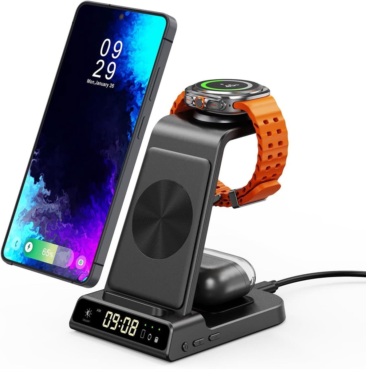 3-in-1 Draadloos Oplaadstation voor Samsung – Oplader voor Telefoon, Horloge & Oordopjes met Digitale Klok, Zwart — afbeelding 1