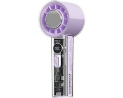 Draagbare zakventilator met ingebouwde koeler, 5000mAh-batterij, led-scherm, krachtige turbofunctie en transparante behuizing. Ideaal voor op reis, de zomer, concerten en buitenactiviteiten.