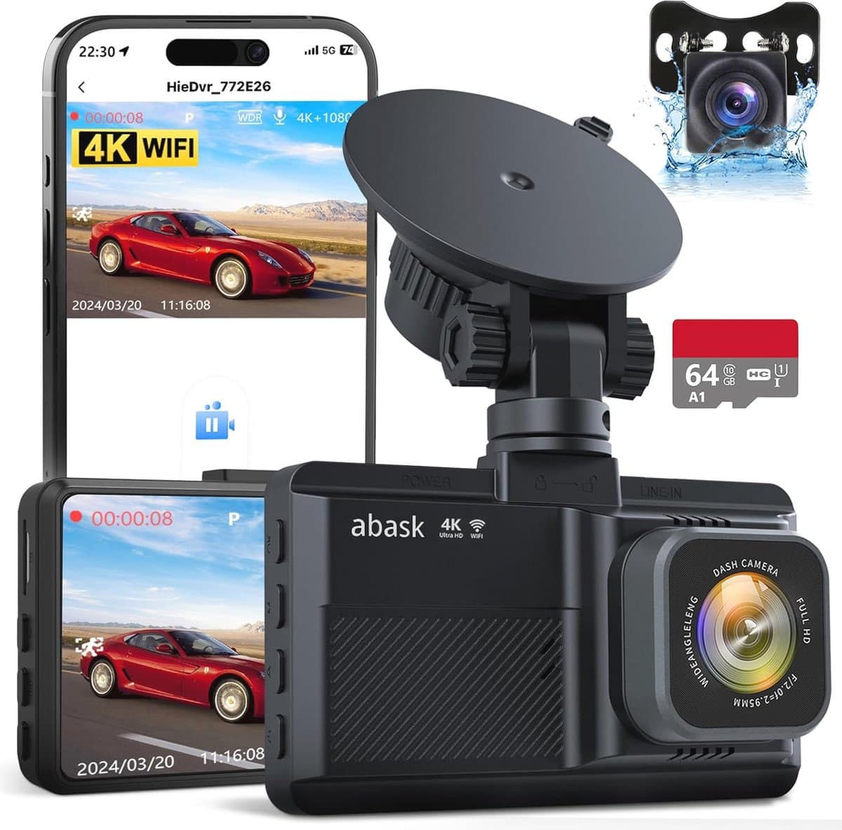 Dashcam Auto Voor en Achter 4K Wifi Camera met Nachtzicht en G-Sensor — afbeelding 1
