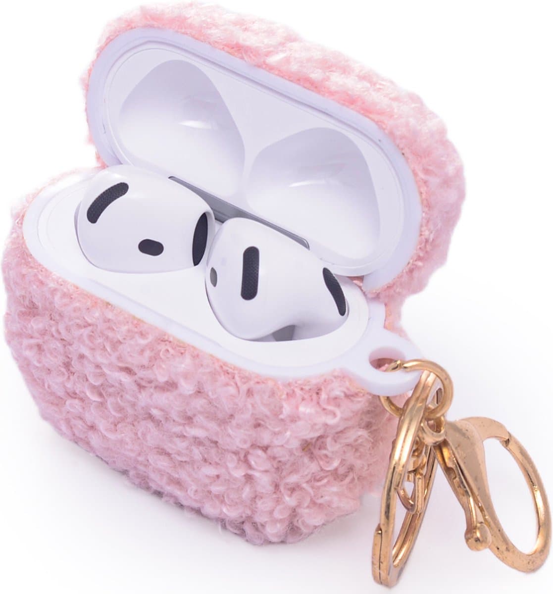 Casemania Hoesje Geschikt voor Apple AirPods 4 - Roze - Schokbestendig Teddy Furr Cover met Ring & Sleutelhanger — afbeelding 1