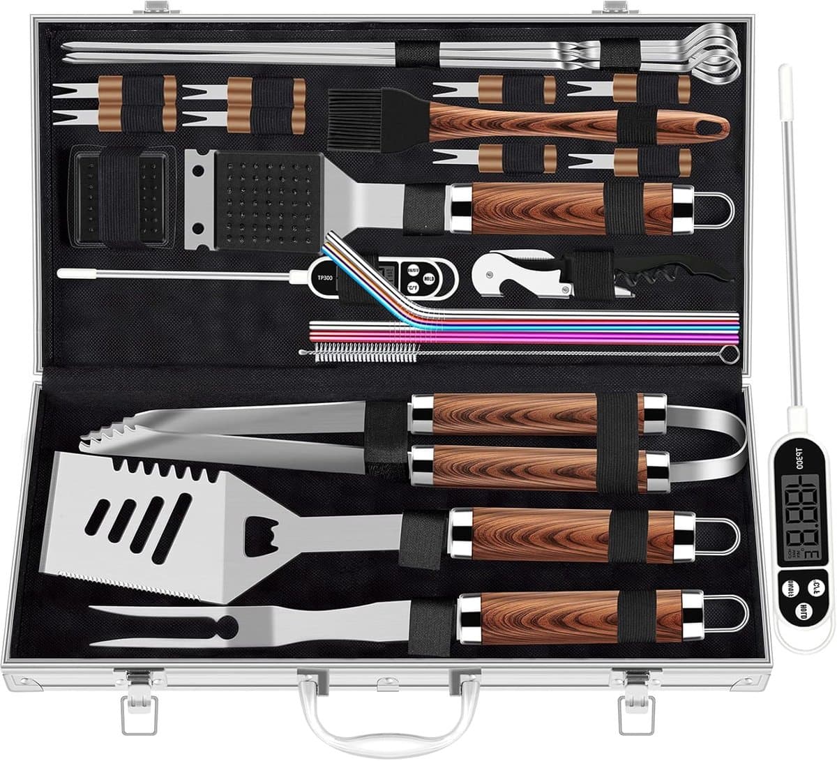 Famanu Extra dikke RVS grillset voor mannen, set van grilaccessoires voor BBQ in tuin, cadeauset met grilltools, met vleesthermometer, in aluminium koffer, 26 stuks, bruin — afbeelding 1
