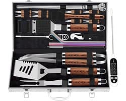 Famanu Extra dikke RVS grillset voor mannen, set van grilaccessoires voor BBQ in tuin, cadeauset met grilltools, met vleesthermometer, in aluminium koffer, 26 stuks, bruin