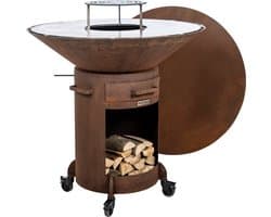 WELDED BARREL 1000 Barbecue Vuurschaal - bbq cortenstaal - houtgestookt - standaard met wielen, aslade, stookrooster - regelbare luchttoevoer onder in vuurschaal waardoor veel minder last van rook, afdekplaat