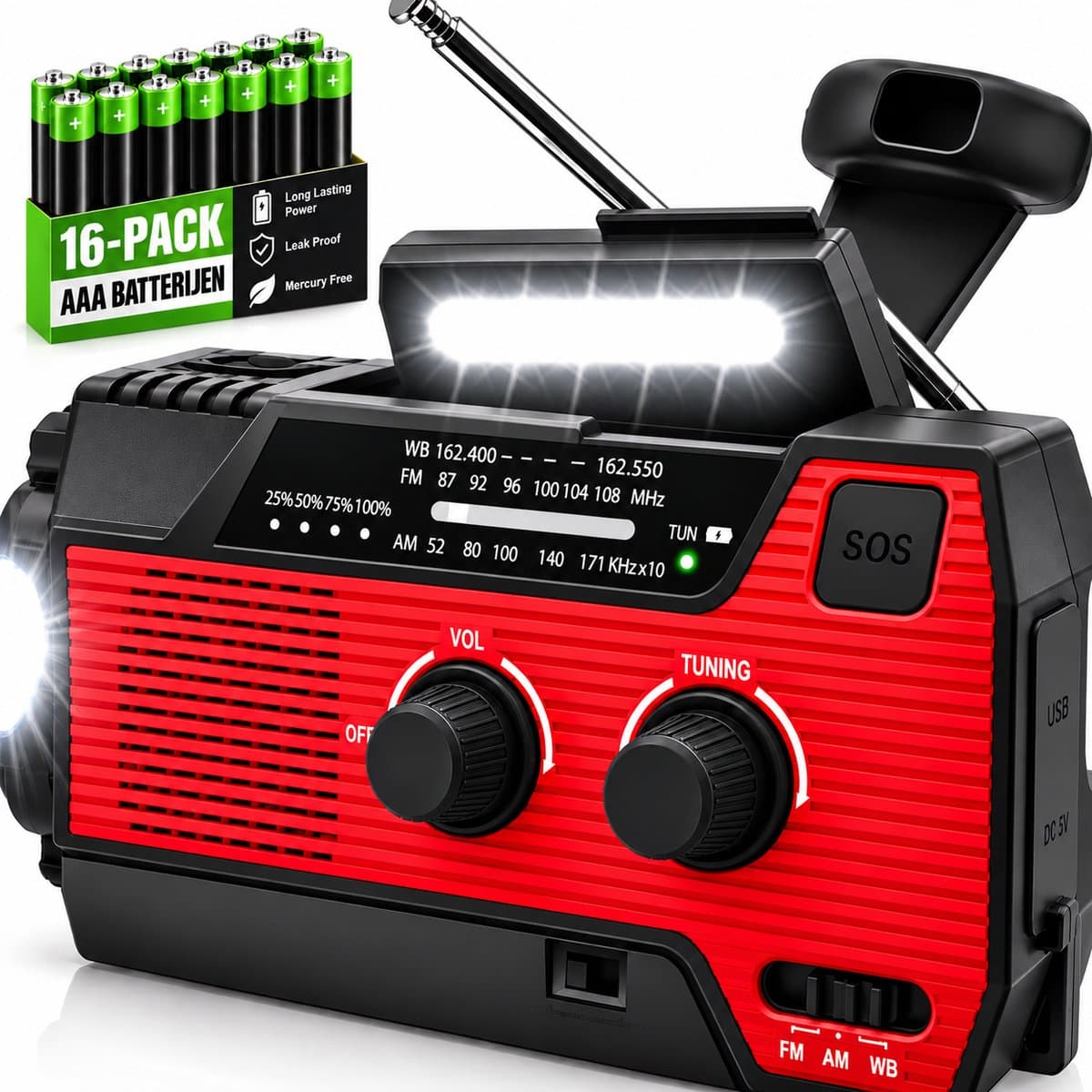 Noodradio - Op Batterijen (INCLUSIEF 16 Pack) - Opwindbaar & Batterij - AAA Batterijen - Zonnepaneel - + Zonne energie + Oplaadbaar - Nood Radio - Noodpakket - Solar - Voor Noodrantsoen - Rampen - Draagbare - FM AM - Aanzwengelen Radio – Rood — afbeelding 1