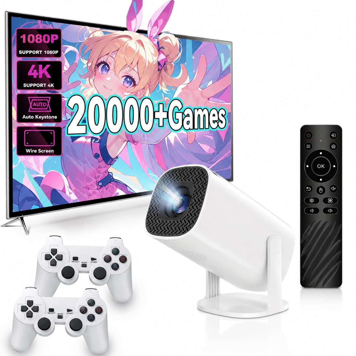 ECTEATOY® Mini Beamer – HD Smart Projector met WiFi 6 & Bluetooth 5.4 – 4K Support – Inclusief 2 Game Controllers (64GB TF Card & 15.000+ Retro Games) – Wit — afbeelding 1