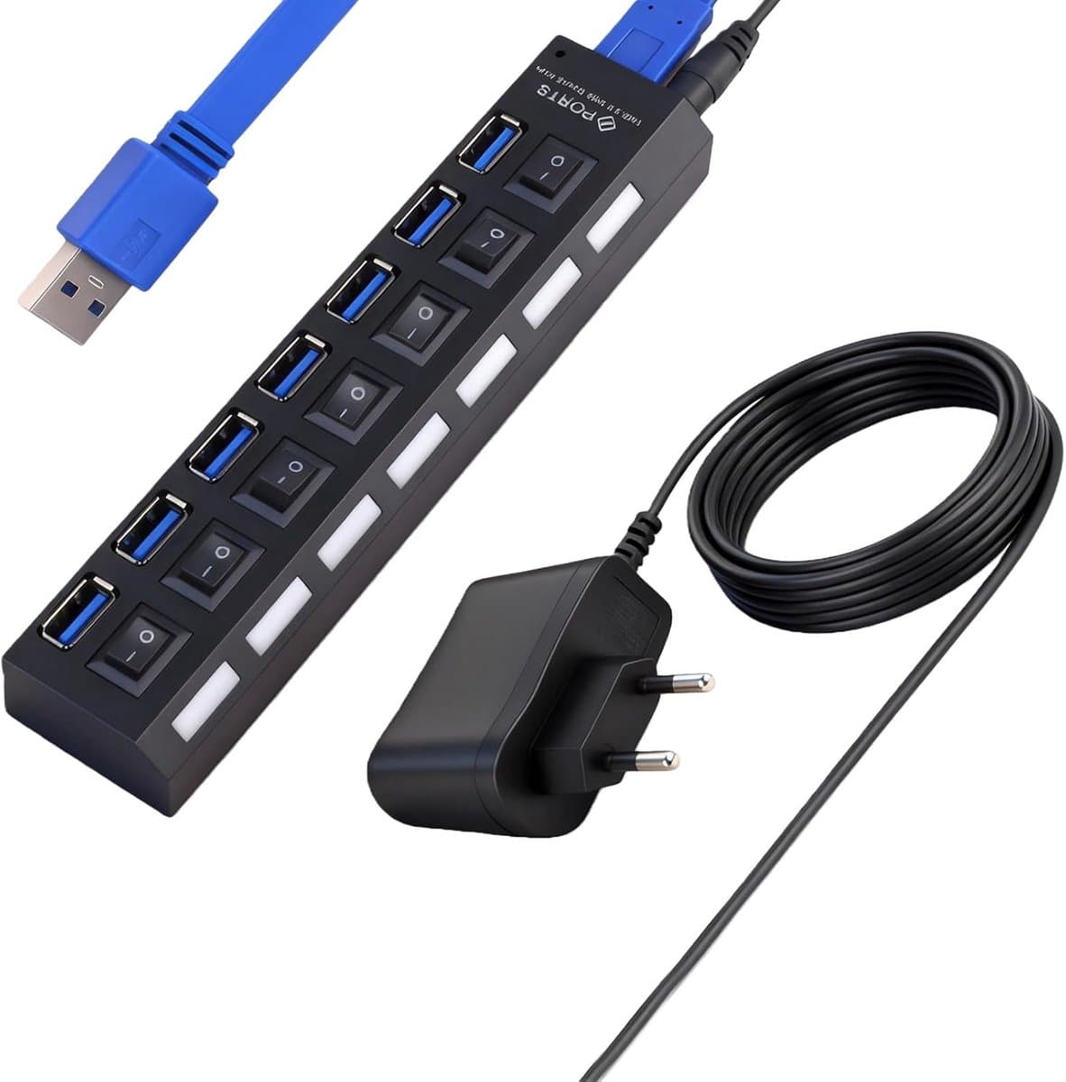 USB Hub - Verlenger Poorten - Extra Aansluitingen - Individuele Aan/Uit Schakelaars - 7 Poorten - Zwart — afbeelding 1