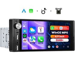 Boscer 1 Din Autoradio met Ingebouwde DAB+ - Draadloos Apple CarPlay & Android Auto - 6.9 Inch Scherm - Bluetooth, FM/AM Radio (RDS) - USB & USB-C - ISO Universeel - Achteruitrijcamera & Microfoon