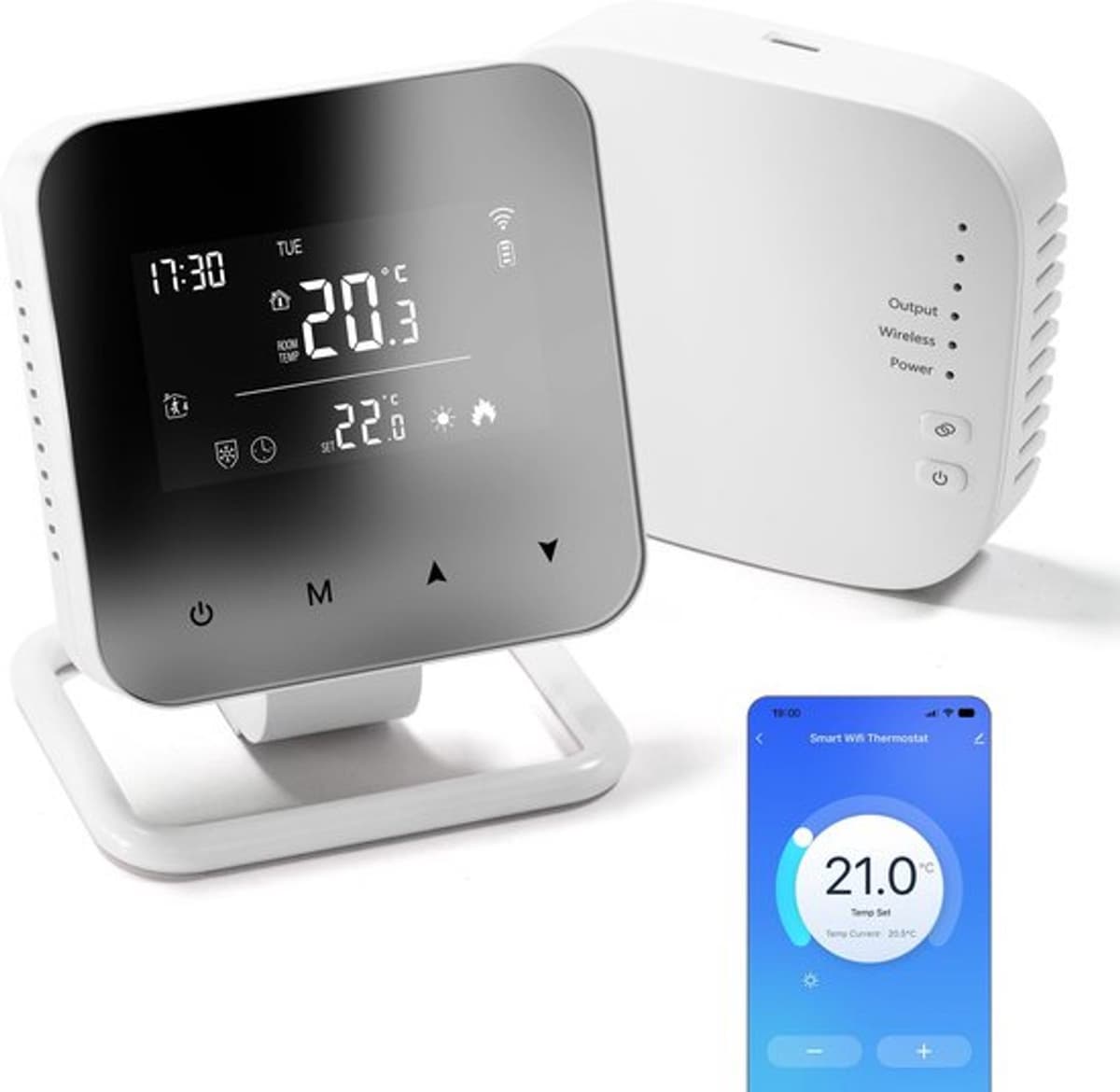 Slimme draadloze thermostaat met WiFi en RF-ontvanger (3A) voor cv-ketel en vloerverwarming, 7-daagse programmeerbare kamerthermostaat, spiegelend scherm, opbouwmodel, compatibel met — afbeelding 1