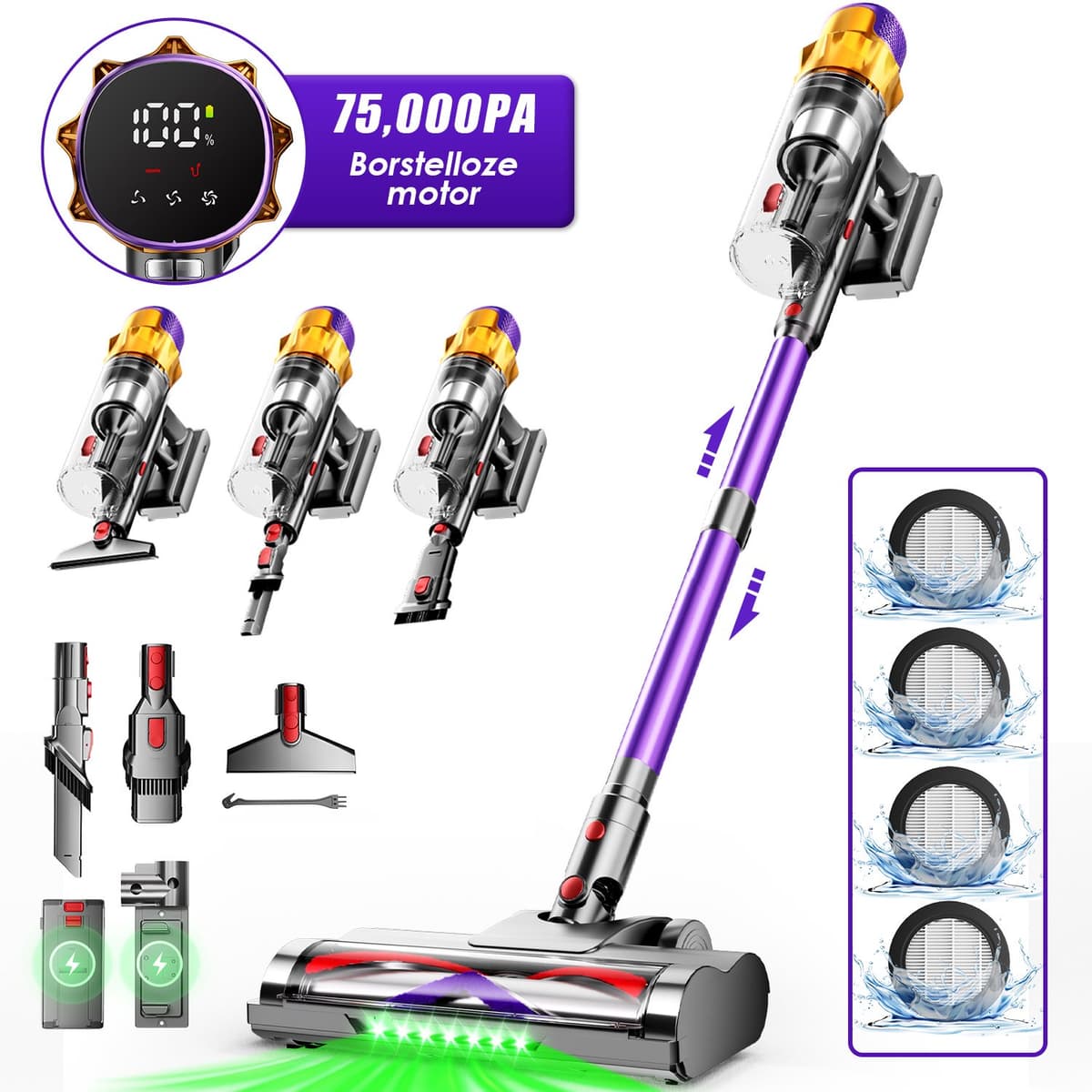 Hiaonyx steelstofzuiger - 8-in-1 steelstofzuiger draadloos - 75000pa - Met dierenborstel - LED Groene Stofdetectielamp - Geschikt voor Tapijten - Harde Vloeren en Dierenharen - 2-liter stofopvangbox - Paars — afbeelding 1