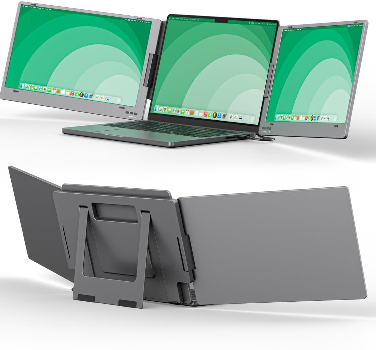 Portable Monitor 14 Inch Tri Screen - 1 kabel aansluit model USB-C/USB-A - Geschikt voor Mac Book M1/M2/M3 - Draagbare monitor - 14 inch monitor - Extra scherm laptop - Draagbare monitor voor laptop - tri screen - portable beeldscherm — afbeelding 1