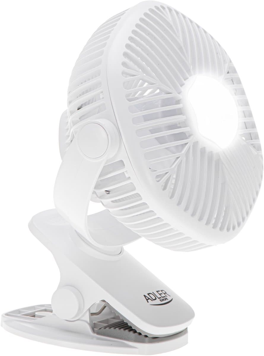 Draagbare Ventilator met Klem en LED-Verlichting – 3 Snelheden – Oplaadbaar – Tafelventilator – Mini ventilator - USB – 6 W – Wit - Adler AD 7335 — afbeelding 1