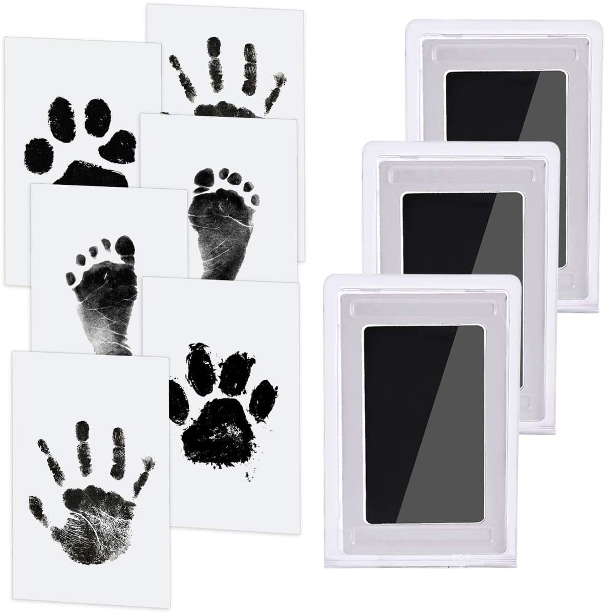 Baby hand- en voetafdrukset, 5 inktloze printpads voor baby's en huisdieren, 10 afdrukkaarten, baby voetafdrukset, veilig en niet-giftig voor voeten en handen, familieherinnering - Zwart — afbeelding 1