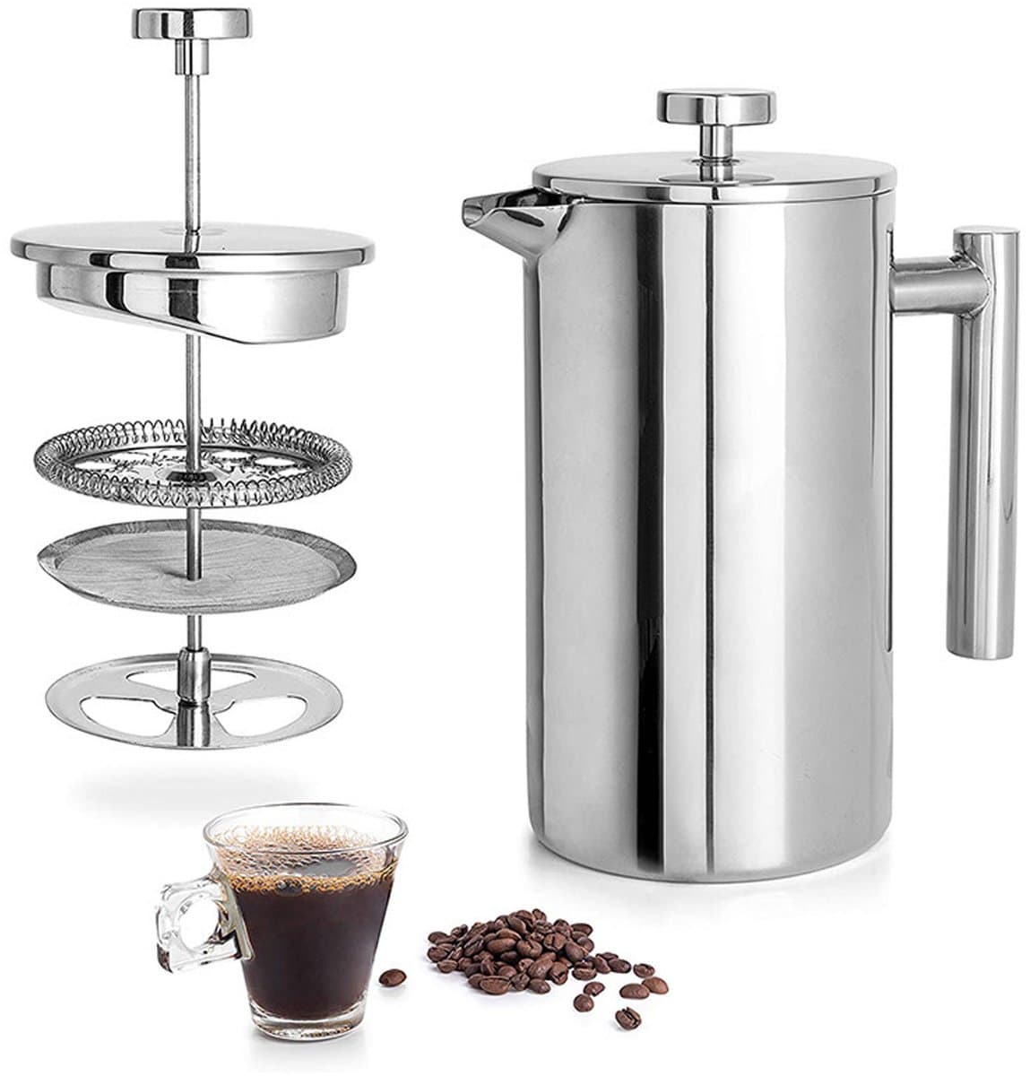 Somstyle French Press Cafetiere - 600 ML - Dubbelwandige Koffiepers - RVS Koffiepot - Verse Koffiemaker - Zilverkleurig — afbeelding 1