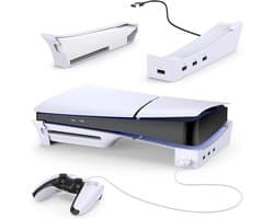 Geschikt voor PS5 Slim console horizontale standaard met 4-poorts USB hub oplaaddock accessoire, Geschikt voor PlayStation 5 Slim disc drive en digitale editie - wit