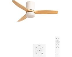 CREATE - Stille 40W plafondventilator met technische ABS bladen (Ø112cm) - Wit / Licht houtlook - Met licht - Controller voor wandmontage + afstandsbediening - WIND CALM