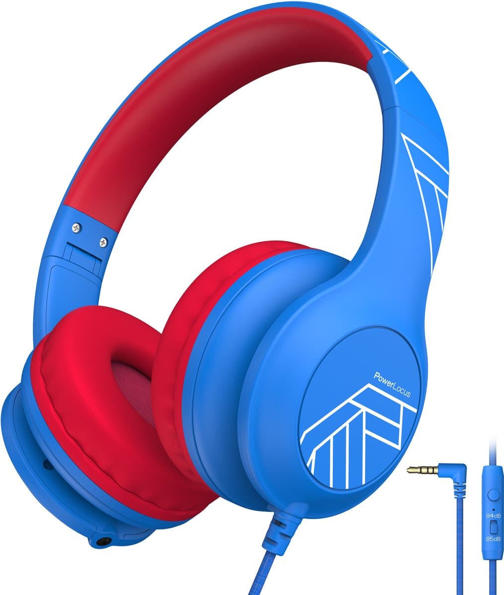 PowerLocus PLED Wired Kinder Koptelefoon met Draad - Koptelefoon voor kinderen - Veilig volume van 85dB en 94dB - Hoofdtelefoon - Met microfoon - Sharing Audio Functie - Blauw/Rood — afbeelding 1