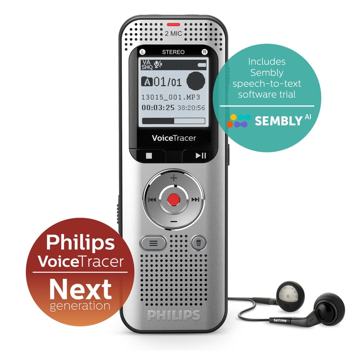 Philips DVT2015 Audio recorder incl. Sembly - Stereo MP3/PCM - Sembly spraak-naar-tekst cloudsoftware/ spraakherkenning - 8GB - USB — afbeelding 1