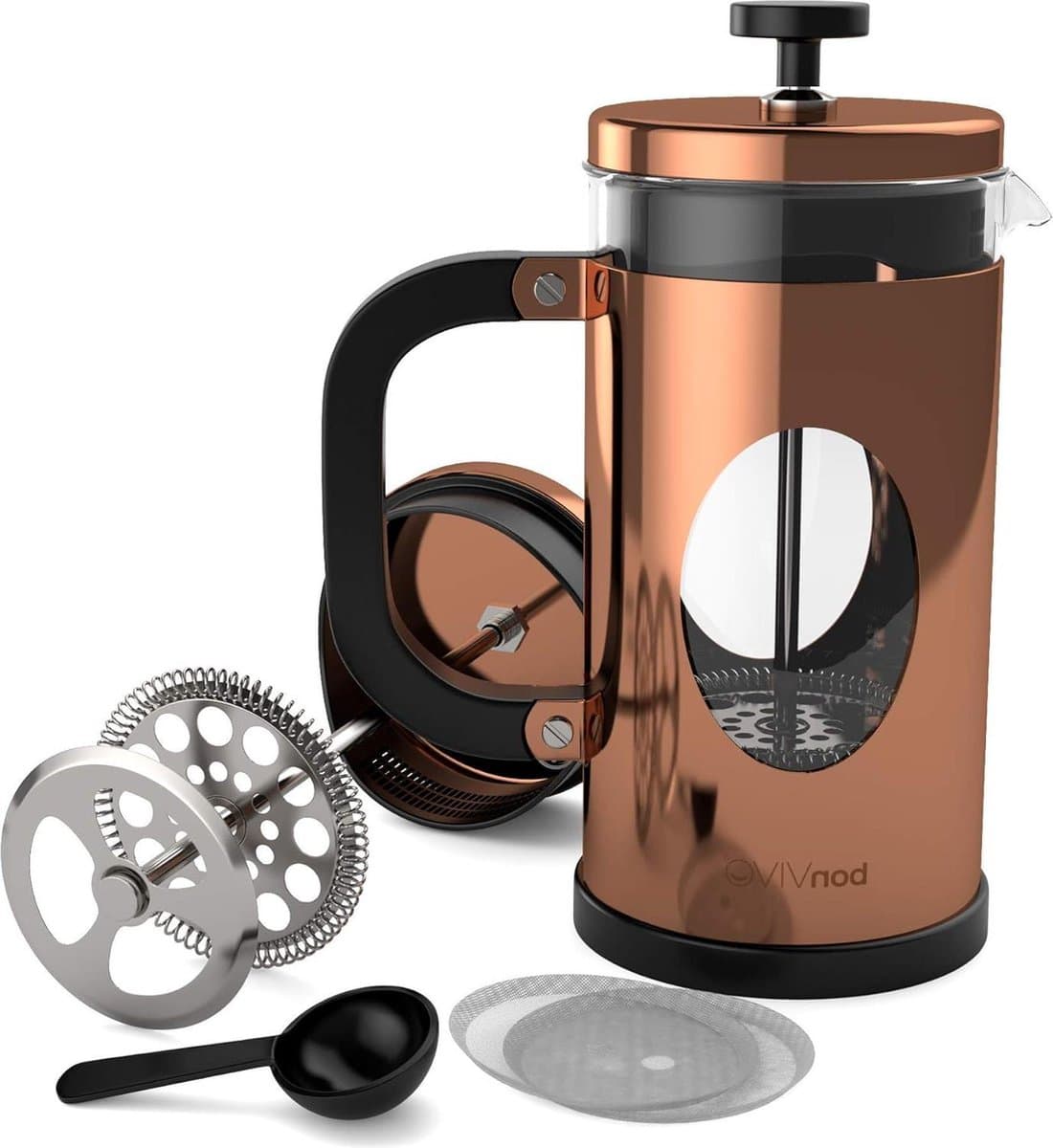 BonVIVO GAZETARO Franse pers koffiemaker - roestvrijstalen cafetière - met glazen kan - koffie zuiger - met filter - handmatige koffiezetter - koperen afwerking - groot - 1L/8 kopjes — afbeelding 1