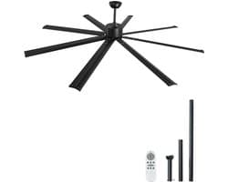 Plafondventilator - Zonder Verlichting - Spanwijdte 213 cm - 8 Aluminium Bladen - Omkeerbare DC-motor - 6 Snelheden met Afstandsbediening - Binnen/Buiten - Zwart