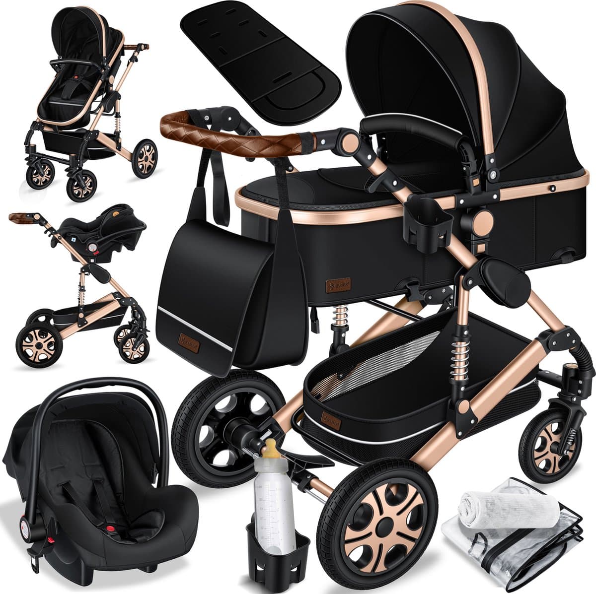 KESSER® Kinderwagen 3 in 1 Loops Wandelwagen Set incl. Autostoel & Reiswieg & Buggy Sportzitje - Massieve Rubberbanden - Luiertas / Regenhoes - Zwart / Champagne — afbeelding 1