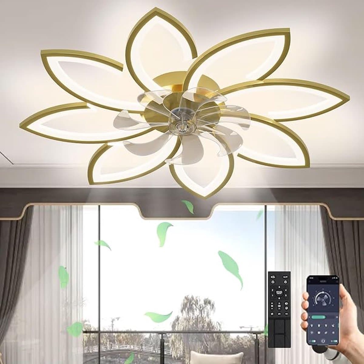 Dimbare LED Plafondventilator met Verlichting - Ø90cm - 90W - Stil - Omkeerbaar - 6 Windsnelheden - 3 Kleurtemperaturen - Perfect voor Woonkamer en Slaapkamer - Goud — afbeelding 1