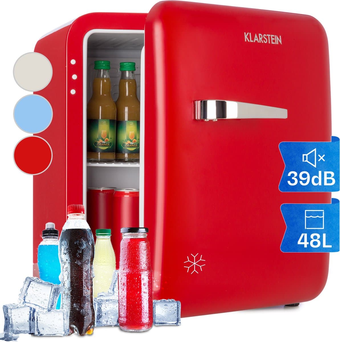 Klarstein Mini-Koelkast Audrey Mini retro Mini koelkast -Drankkoelkast - Energie-efficiëntieklasse D - 48 Liter inhoud - 2 Niveaus - Koeltemperatuur: 0 - 10 °C - Jaren 50 retro Stijl - Flessenvak & eierbakje - Rood - Mini Fridge — afbeelding 1