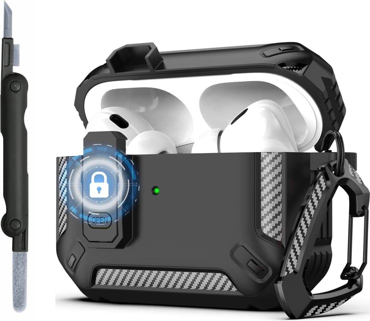 Sounix Hoesje geschikt voor Airpods Pro 1 / 2 - Met schoonmaak borstel - Airpods Pro Hoesje - Armor Case met Lock - Zwart — afbeelding 1