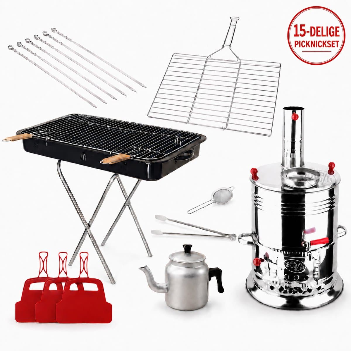 15-delige Picknickset – Barbecue Set met Samowar, Opvouwbare BBQ, Grillrooster, Theeketel en Accessoires — afbeelding 1