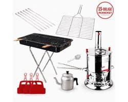 15-delige Picknickset – Barbecue Set met Samowar, Opvouwbare BBQ, Grillrooster, Theeketel en Accessoires