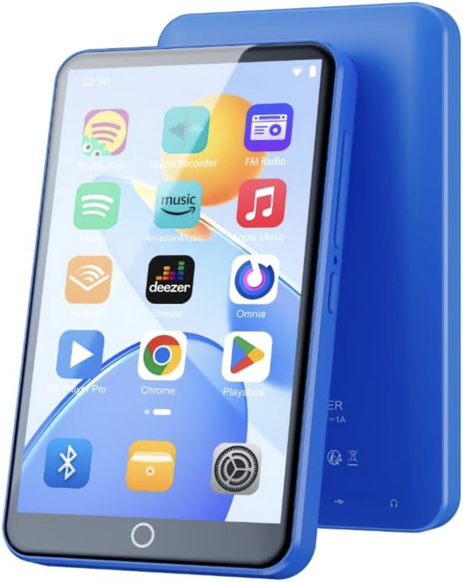 80 GB MP3-speler met wifi, bluetooth, 4 inch IPS touchscreen, muziekspeler voor kinderen, Android MP4-speler met Spotify, Audible, Amazon Music, Deezer, Play Store Streaming Music Apps (blauw) — afbeelding 1
