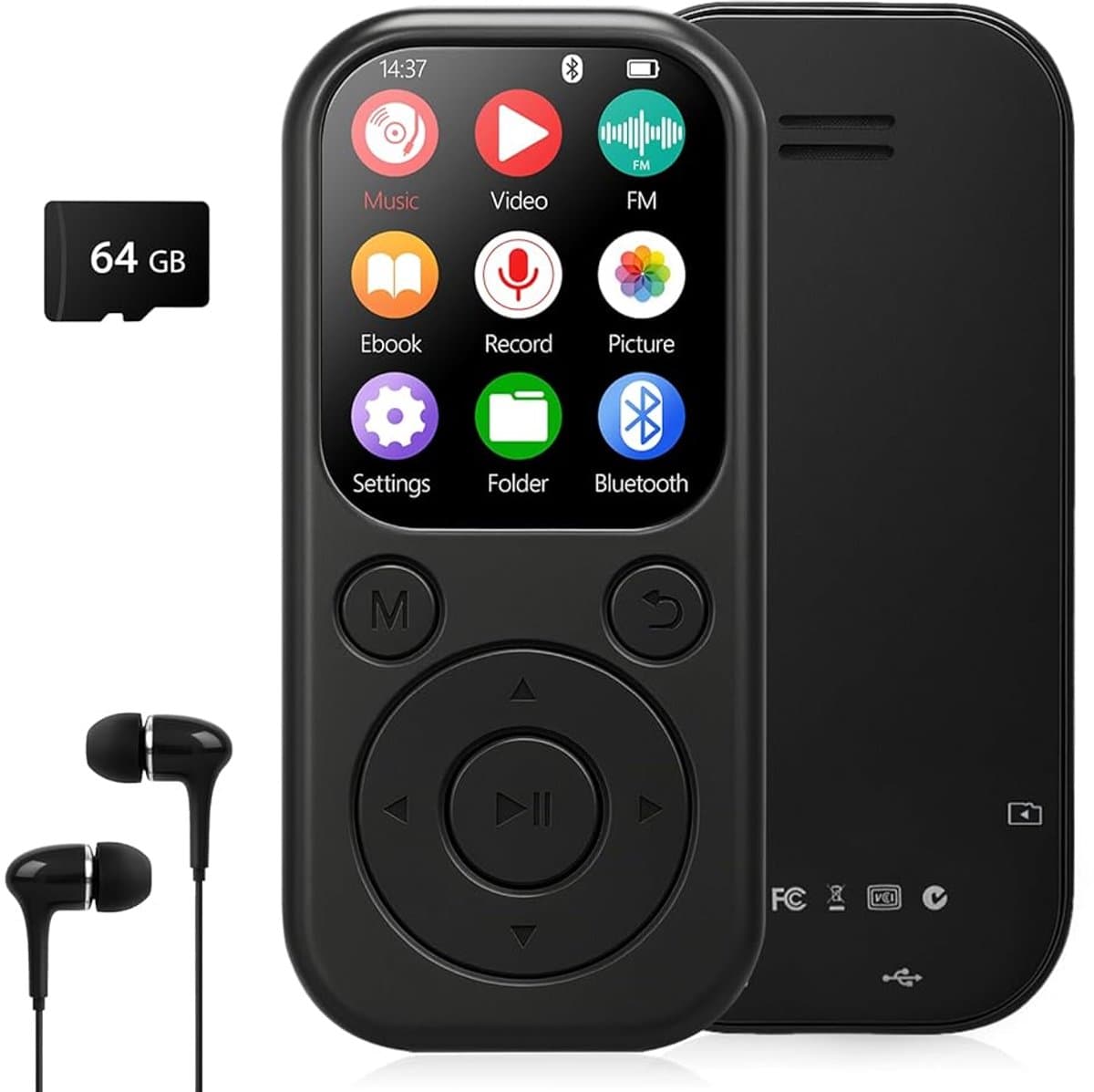 MP3 Speler met Bluetooth 5.3 - 64GB Kaart Inclusief - Uitbreidbaar tot 512GB - FM Radio - Voice Recorder - met Oordopjes — afbeelding 1