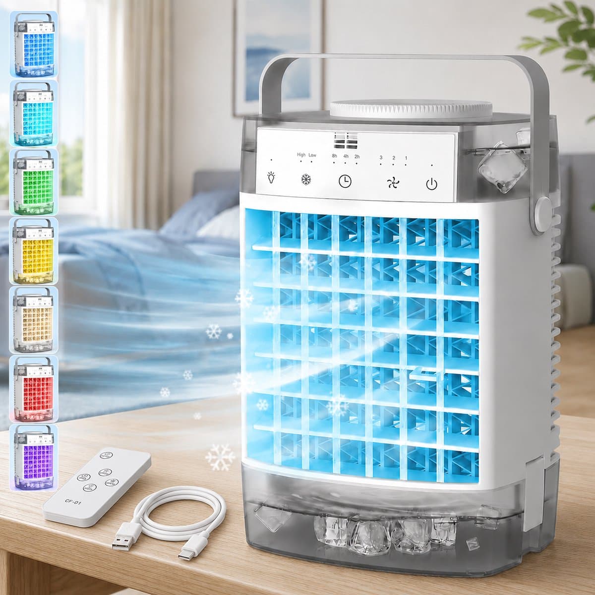 Rosnek 4-in-1 Mini Airco & Luchtkoeler - Aircooler Zonder Afvoerslang met 1600ML Dubbel Waterreservoir - Tafelventilator met Luchtbevochtiger & Nachtlampje - USB - Draagbaar voor Slaapkamer & Kantoor - Grijs — afbeelding 1
