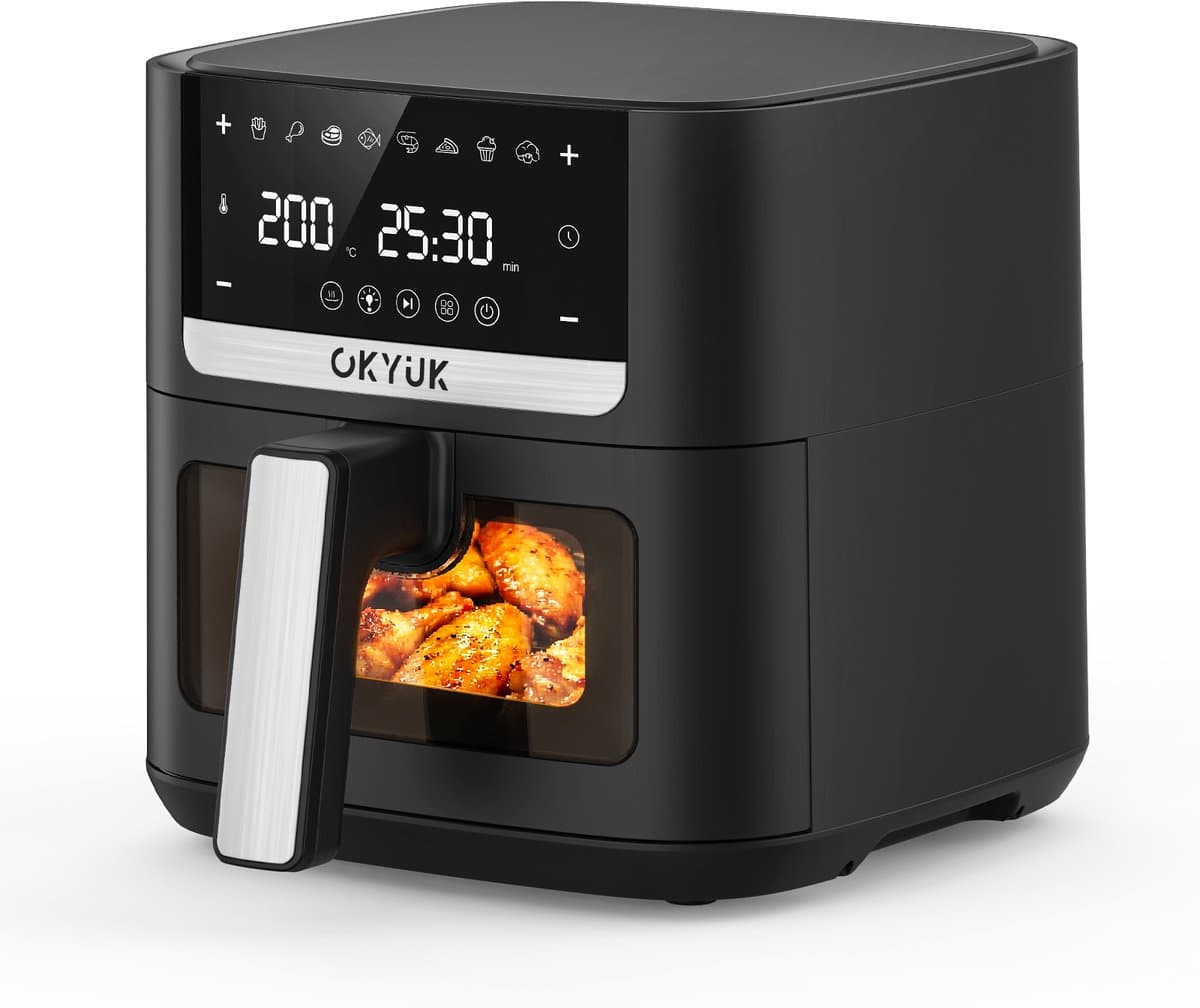 OKYUK Airfryer / Heteluchtfriteuse 6L - BPA vrij - Met Kijkvenster - Digitaal Touchscreen - 8 Voorgeprogrammeerde Menu's - 1200W - Anti-aanbaklaag - Zwart — afbeelding 1
