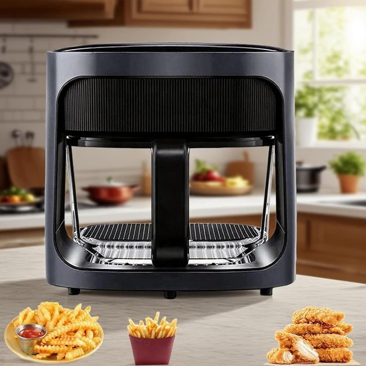 Luchtfriteuse, multifunctionele elektrische friteuse, 6l olievrije luchtfriteuse, visuele luchtfriteuse in de thuisglas, LED-display, temperatuuraanpassing met 7 voorinstellingen, panoramisch — afbeelding 1