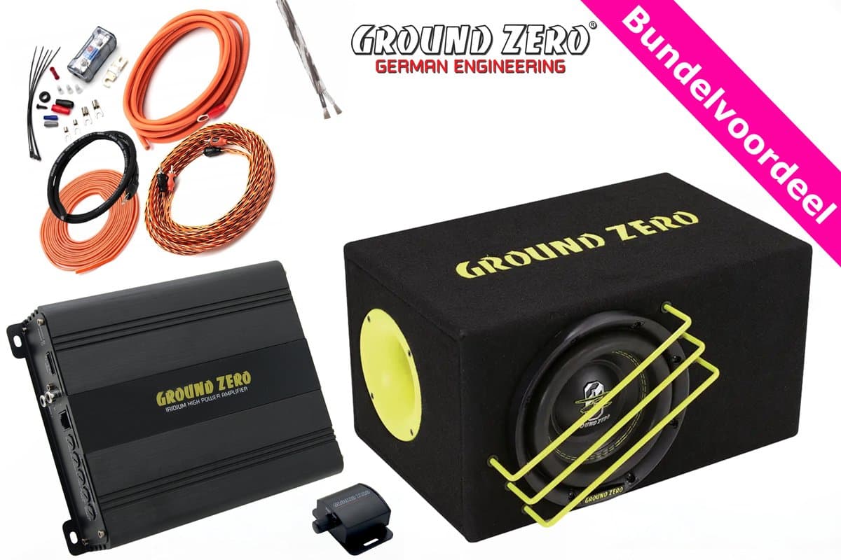 1000W Ground Zero compacte 8'' Subwoofer Kist + Monoblock + Bass Controller + Kabelset — afbeelding 1