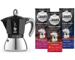 Bialetti Moka Inductie Zwart - 6-kops - 280ml + Bialetti Koffie Proefpakket 3 x 250gr