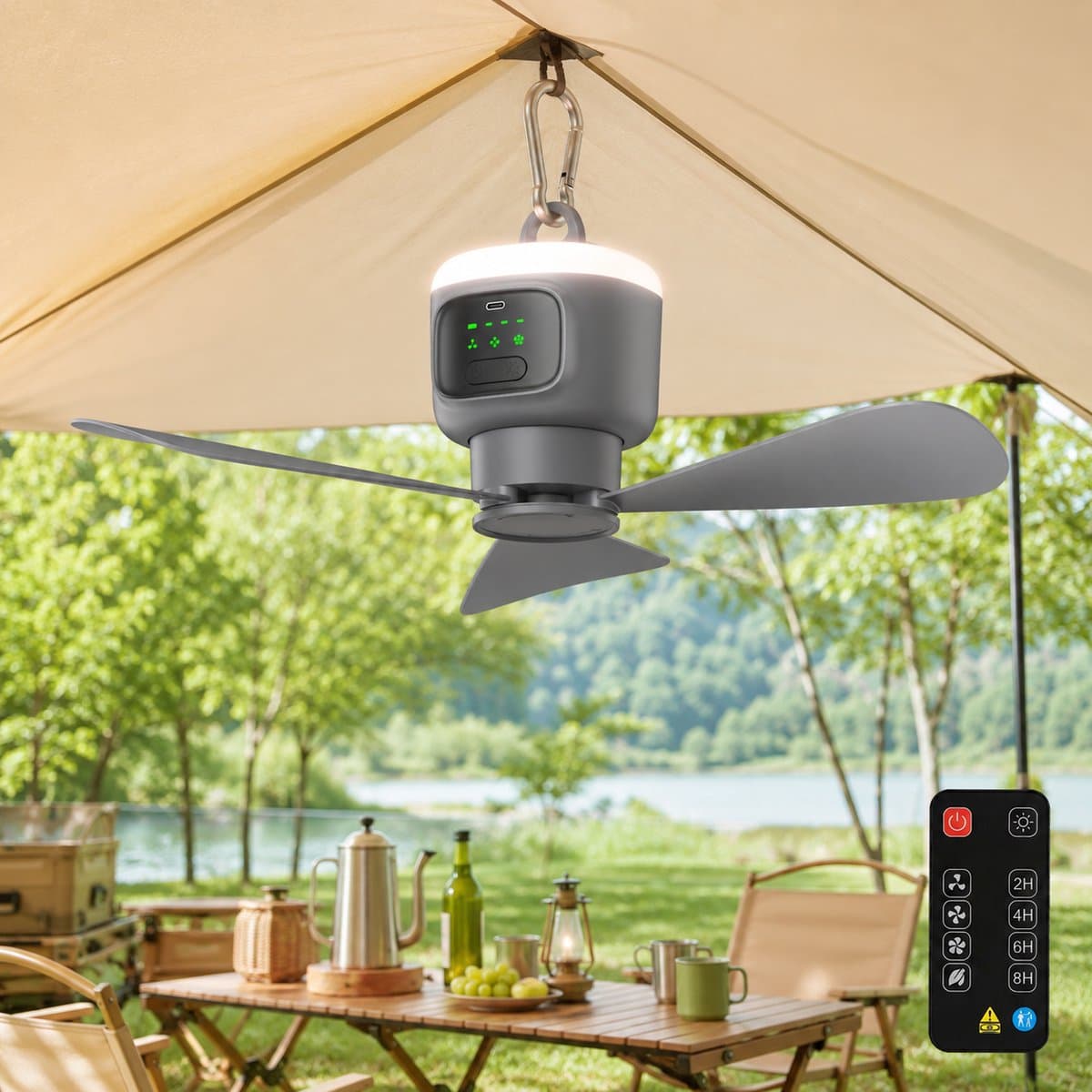 Rosnek Oplaadbare Campingventilator met Verlichting - 12000mAh Tent Ventilator Lamp - Afneembare Bladen - 45cm Draagbare Plafondventilator - Outdoor - Tent — afbeelding 1