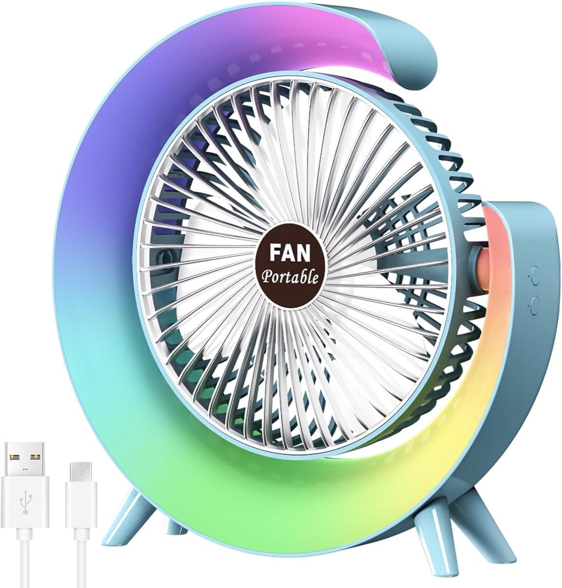 5-inch persoonlijke bureauventilator met LED-verlichting, draagbare tafelventilator met 3 snelheden en 180° kantelbaar, USB-oplaadbare ventilator op accu, stille koelventilator voor slaapkamer, kantoor, buiten en camping – Klein, blauw — afbeelding 1