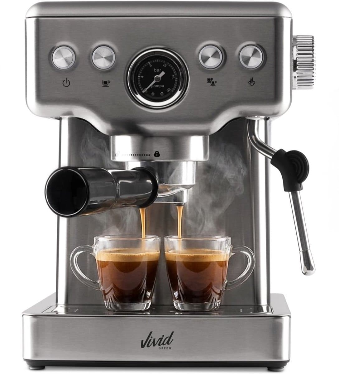 Vivid Green Espressomachine - 20 Bar - Pistonmachine met stoompijpje - Kopjesverwarmer - Coffee Machine - RVS — afbeelding 1