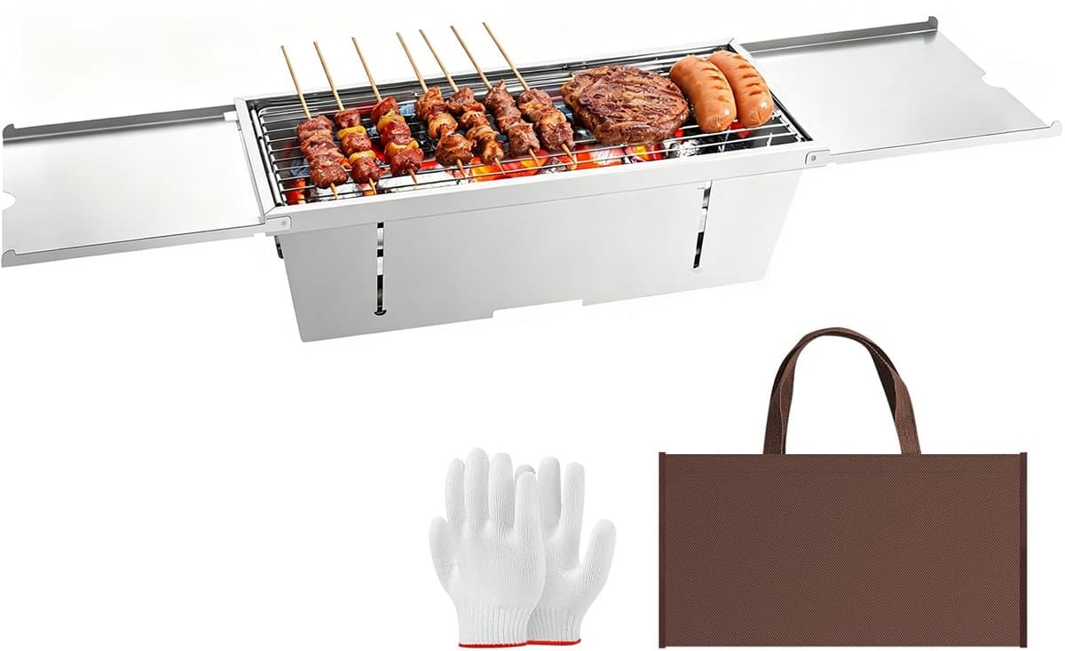 Uten Tafel BBQ Houtskool - Camping BBQ - Opvouwbare en Draagbare Barbeque - Barbecue met Losse Vuurschaal en Grillrooster - Grilloppervlak (L x B) 47.5 x21.5 cm - RVS — afbeelding 1