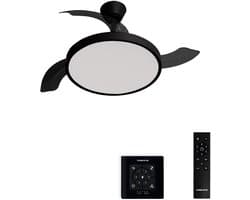 CREATE - Plafondventilator 40W stil met intrekbare bladen met licht - Ø108cm - Zwart - Controller voor wandmontage + afstandsbediening - WIND CLEAR STUDIO