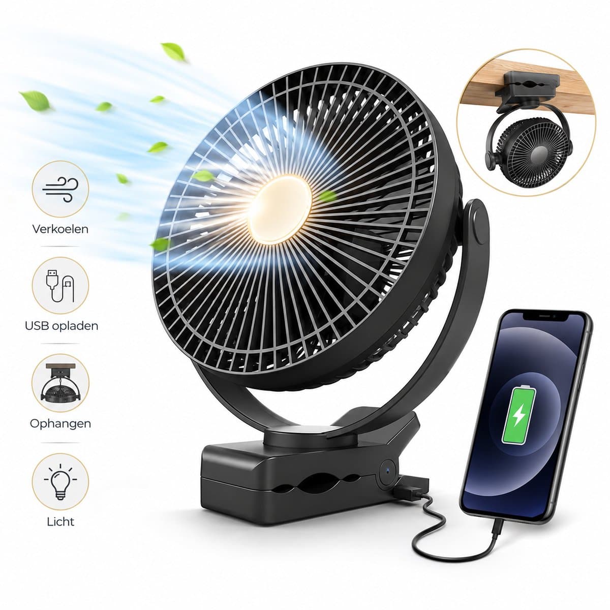 Pitt & Co. Tafelventilator – Oplaadbare USB Mini Ventilator – Stil & Draagbaar – Handventilator – 3 Snelheden – Compacte Luchtkoeler – Zwart — afbeelding 1