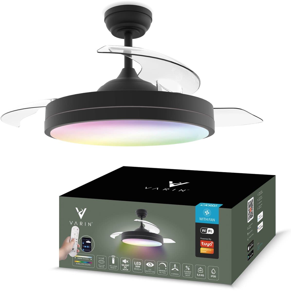 Varin® Smart Plafondventilator met verlichting - Zwart - Tuya Wifi - LED 36W RGBW - Ø 50cm/108cm - Super stil - Smart lamp - Plafondlamp slaapkamer - Plafonniere woonkamer - Plafondlampen - Plafond lamp - Verlichting kinderkamer - Ventilator — afbeelding 1