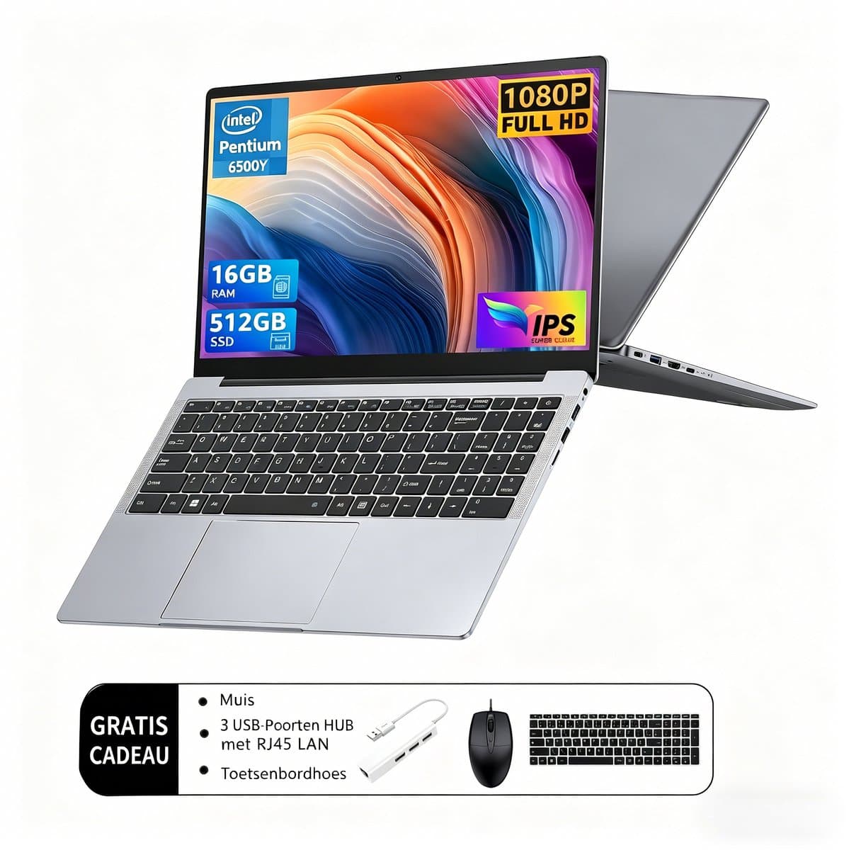 Acmine Laptop - 17.3 inch Full HD - 16 GB RAM - 512 GB SSD - CPU 6500Y - Windows 11 - Vingerafdrukontgrendeling - Met AZERTY-Toetsenbordsticker - Grijs — afbeelding 1